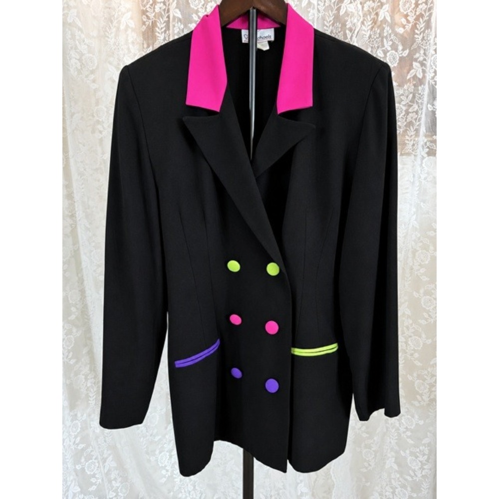 Vintage 80s Dani Michaels Blazer Black Neon Pink Green Purple Double Breasted 10